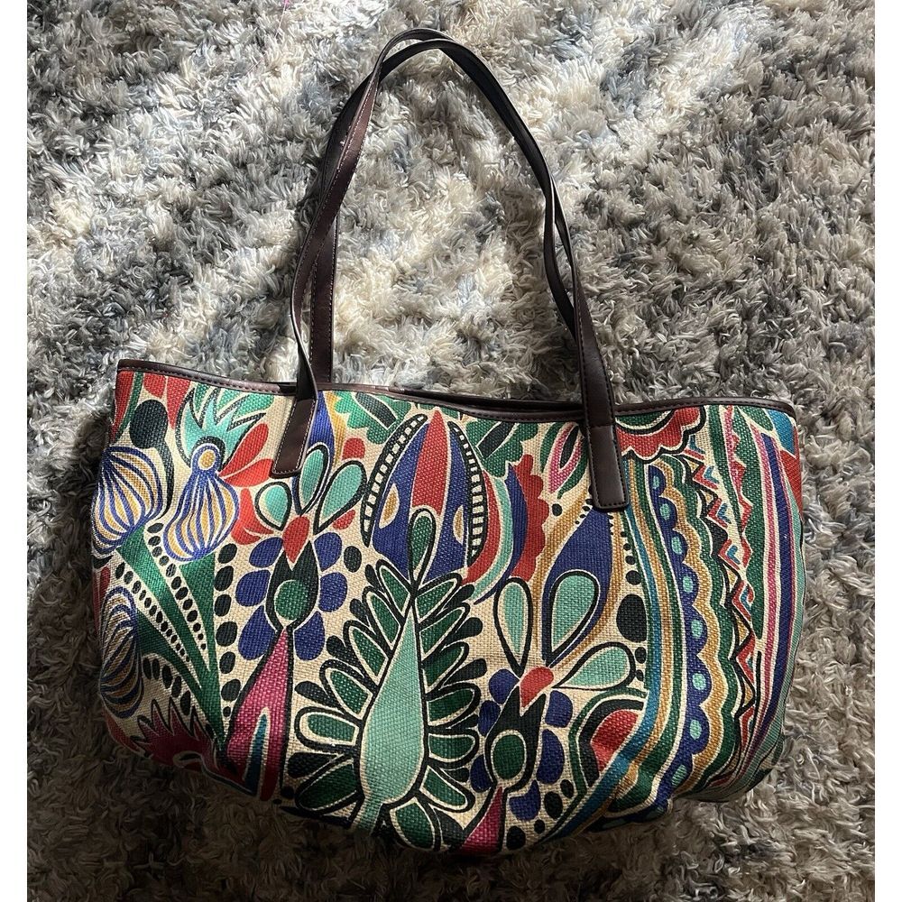 Neiman Marcus Womens Straw Bag Large Open Beach Floral Boho Colorful